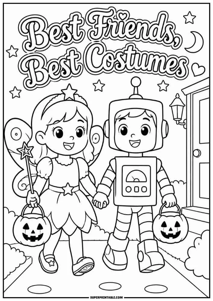 A fairy and robot holding pumpkin buckets with the words "Best Friends, Best Costumes."
