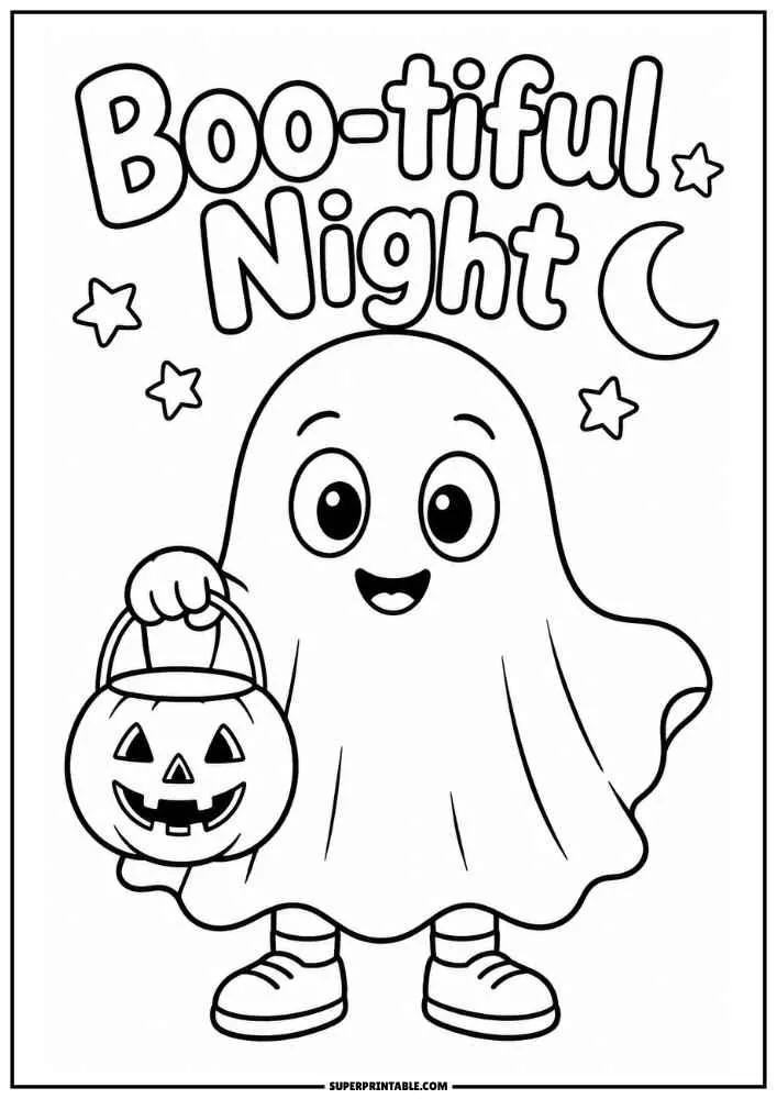 A smiling ghost holding a pumpkin bucket with stars, a moon, and the words "Boo tiful Night."