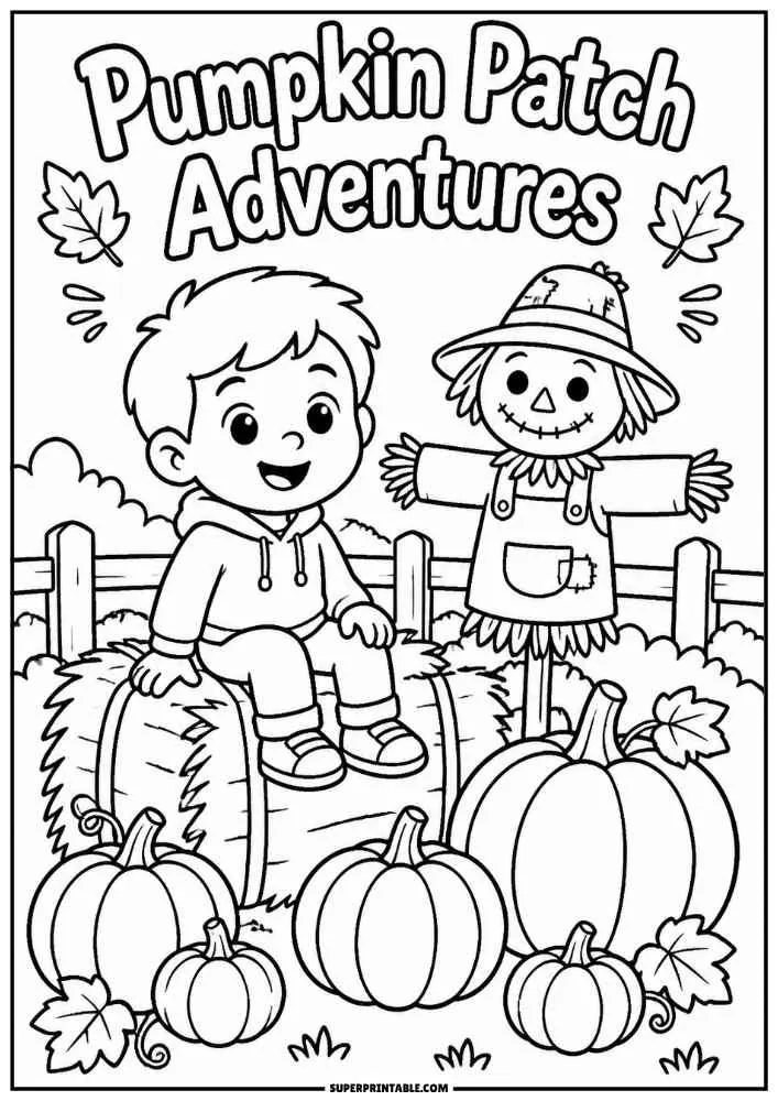 A child, scarecrow, pumpkins, and the words "Pumpkin Patch Adventures."