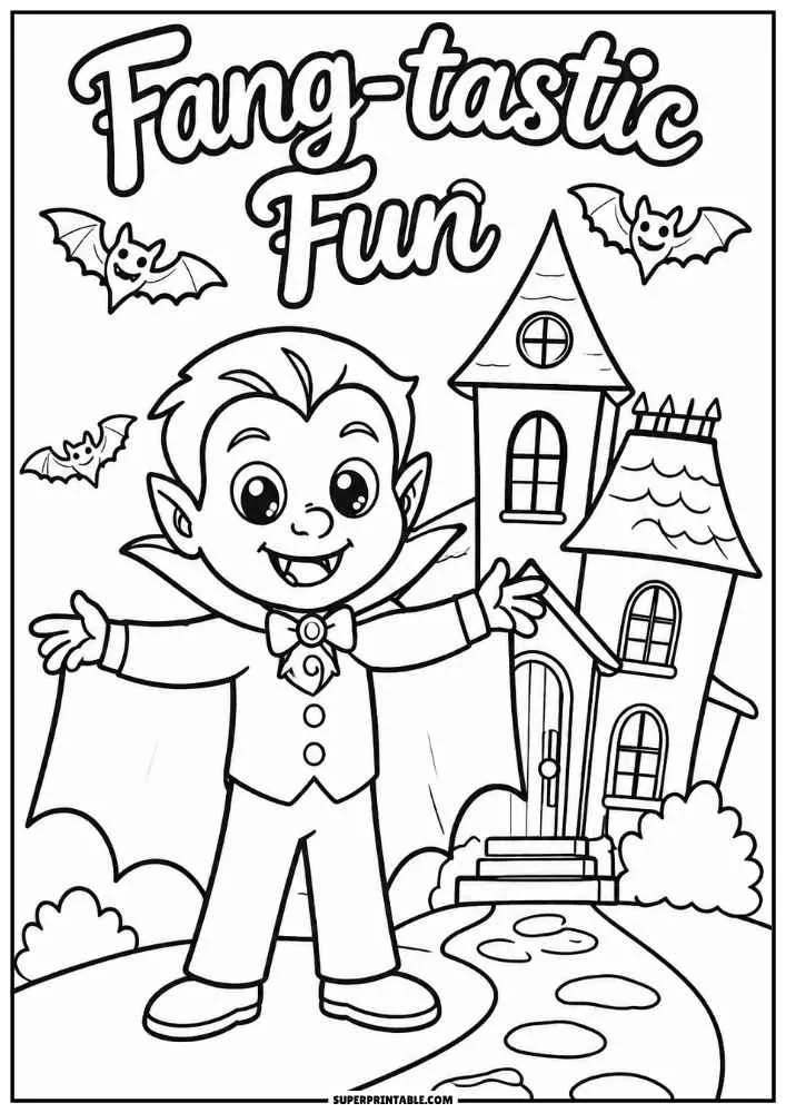A smiling vampire, haunted house, bats, and the words "Fang tastic Fun."