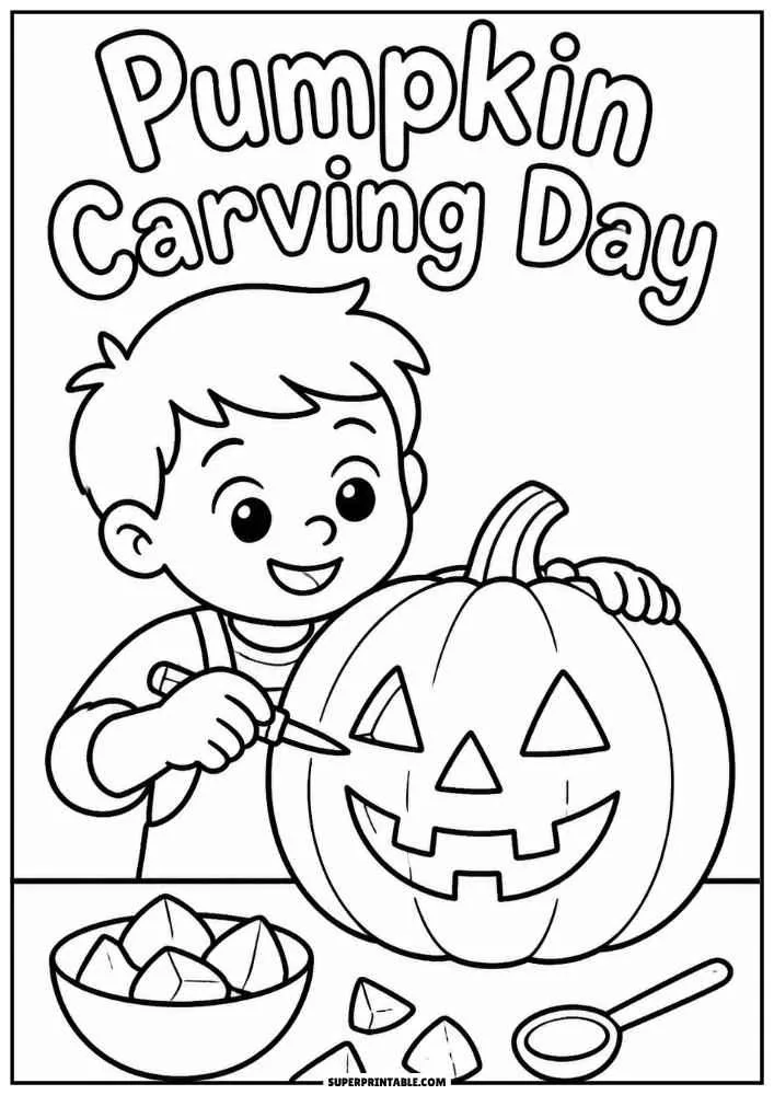 A child carving a jack o lantern with carving tools and the words "Pumpkin Carving Day."