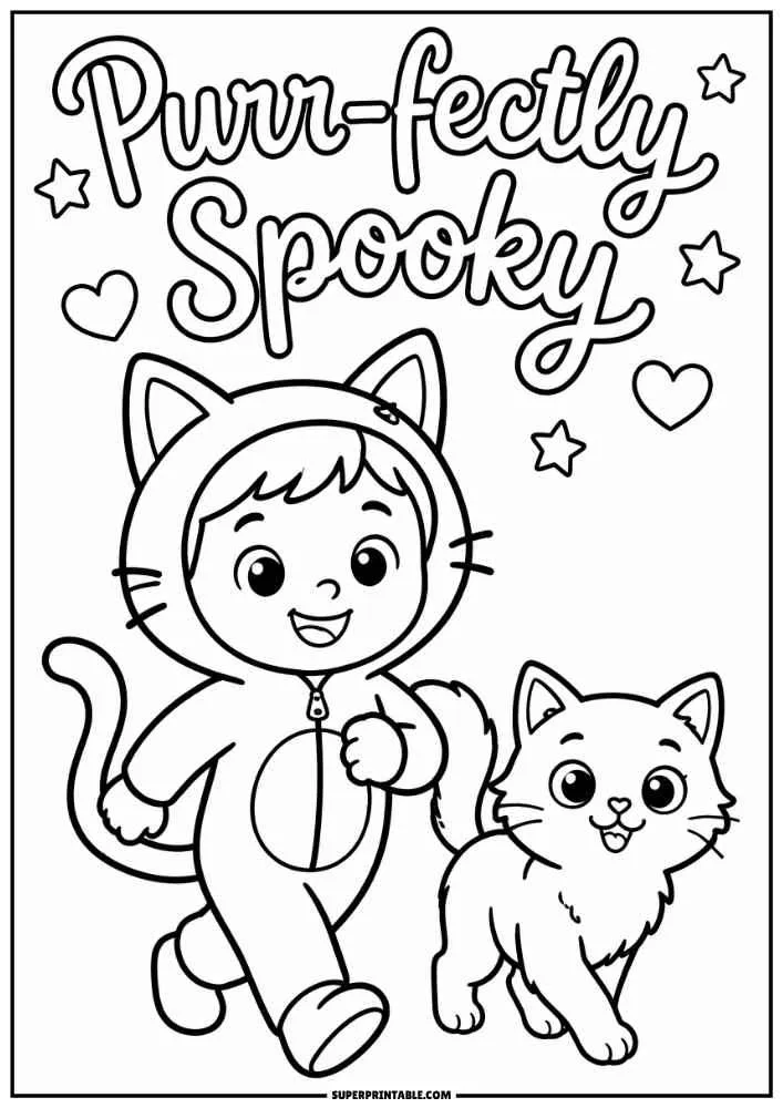 A child in a cat costume with a kitten, stars, hearts, and the words "Purr fectly Spooky."