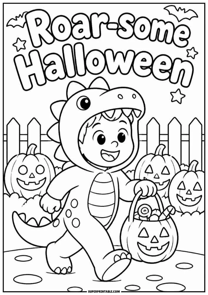 A child in a dinosaur costume with pumpkins and the words "Roar some Halloween."