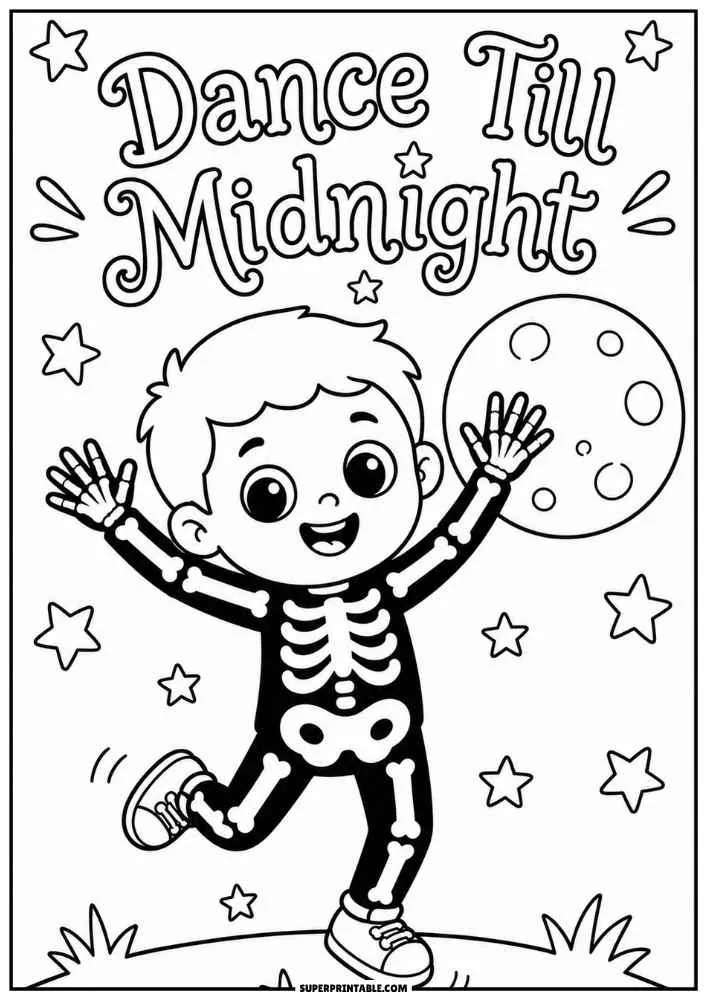A child in a skeleton costume dancing under the moon with the words "Dance Till Midnight."