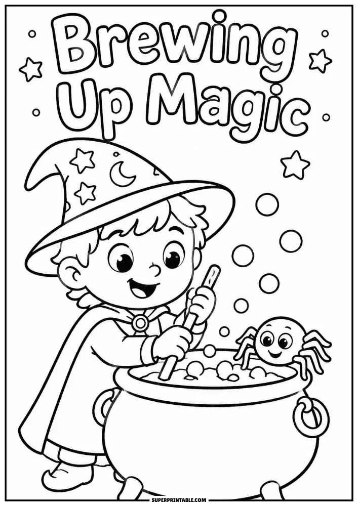 A wizard stirring a cauldron with a smiling spider and the words "Brewing Up Magic."