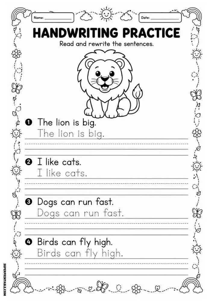 Handwriting practice worksheet with a smiling lion, tracing sentences, writing lines, and name and date boxes.