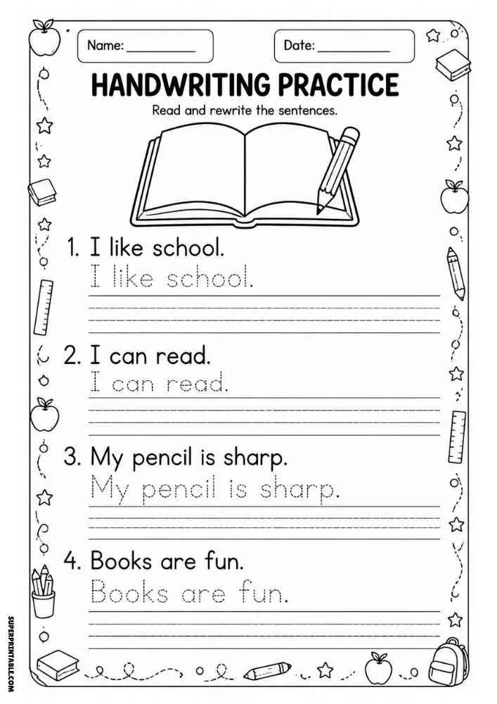 Handwriting worksheet with an open book, pencil, school border, tracing sentences, and writing lines.