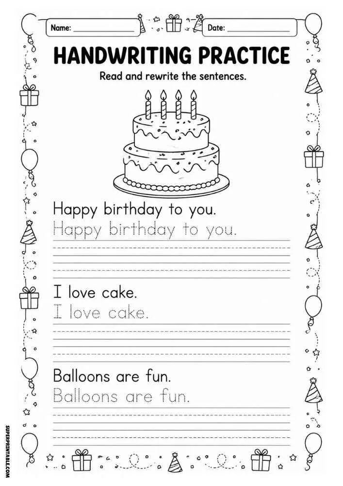 Handwriting worksheet with a birthday cake, balloons, gifts, tracing sentences, and writing lines.