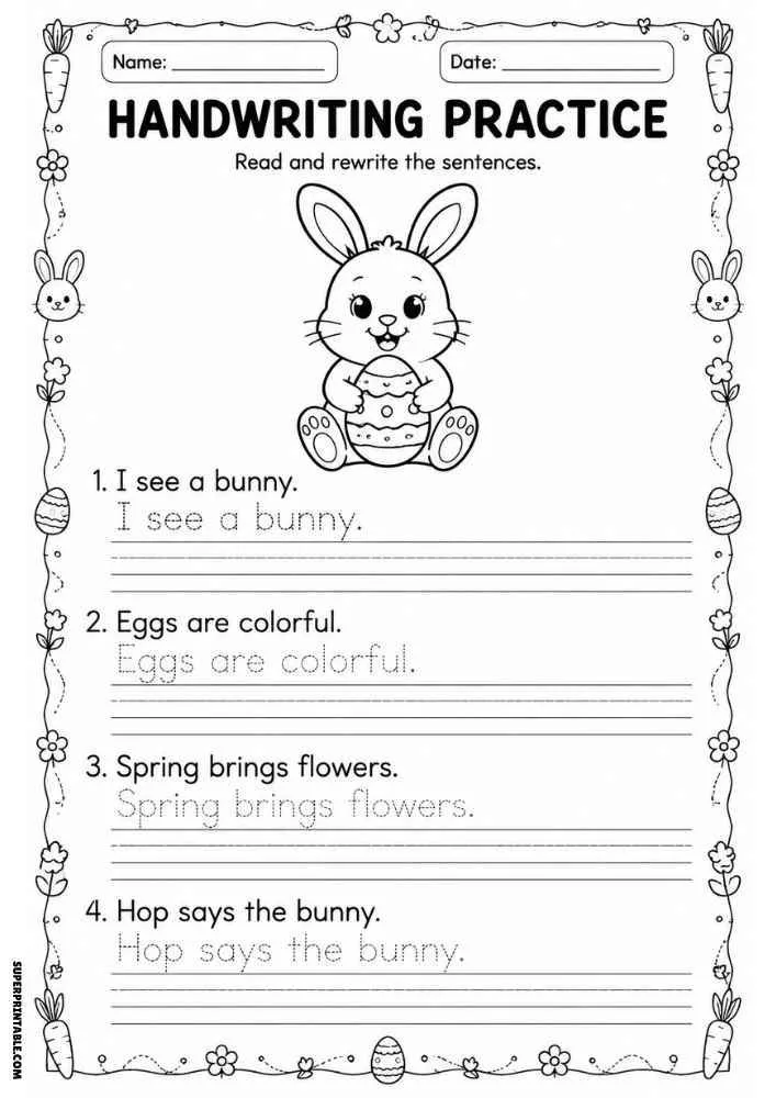 Handwriting worksheet with an Easter bunny, eggs, carrots, tracing sentences, and writing lines.