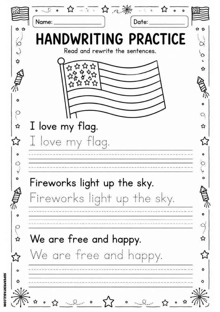 Handwriting worksheet with an American flag, fireworks border, tracing sentences, and writing lines.
