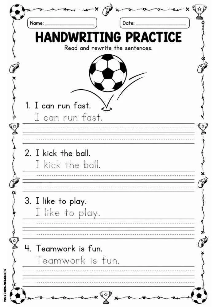 Handwriting worksheet with a soccer ball, sports border, tracing sentences, and writing lines.