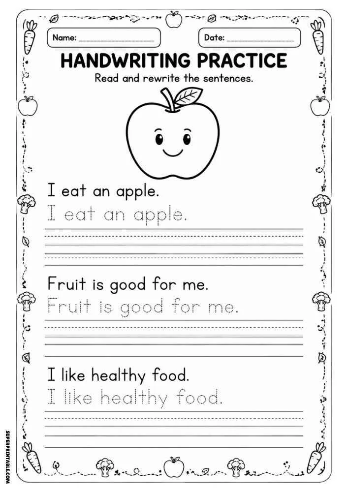 Handwriting worksheet with a smiling apple, fruit border, tracing sentences, and writing lines.