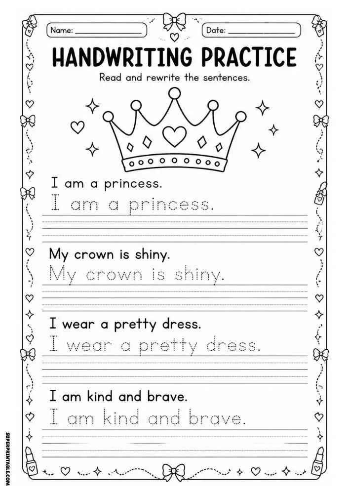 Handwriting worksheet with a princess crown, hearts, tracing sentences, and writing lines.