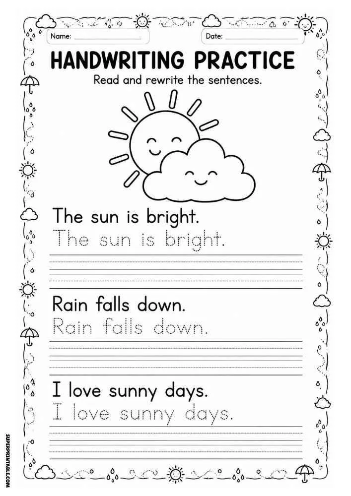 Handwriting worksheet with a smiling sun and cloud, weather border, tracing sentences, and writing lines.