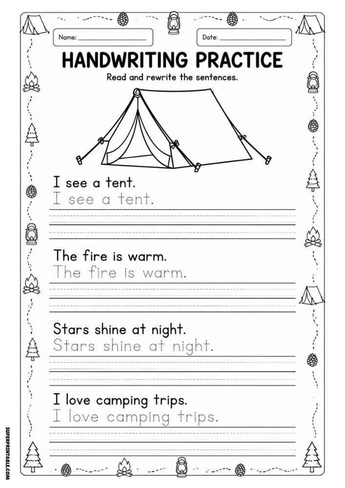 Handwriting worksheet with a camping tent, forest border, tracing sentences, and writing lines.