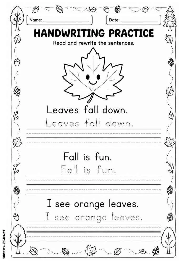 Handwriting worksheet with a smiling maple leaf, fall sentences, tracing lines, and autumn decorations.