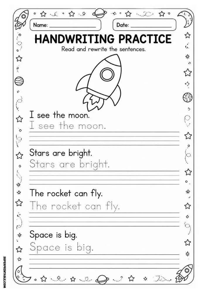 Handwriting worksheet with a rocket, planets, stars, tracing sentences, and writing lines.