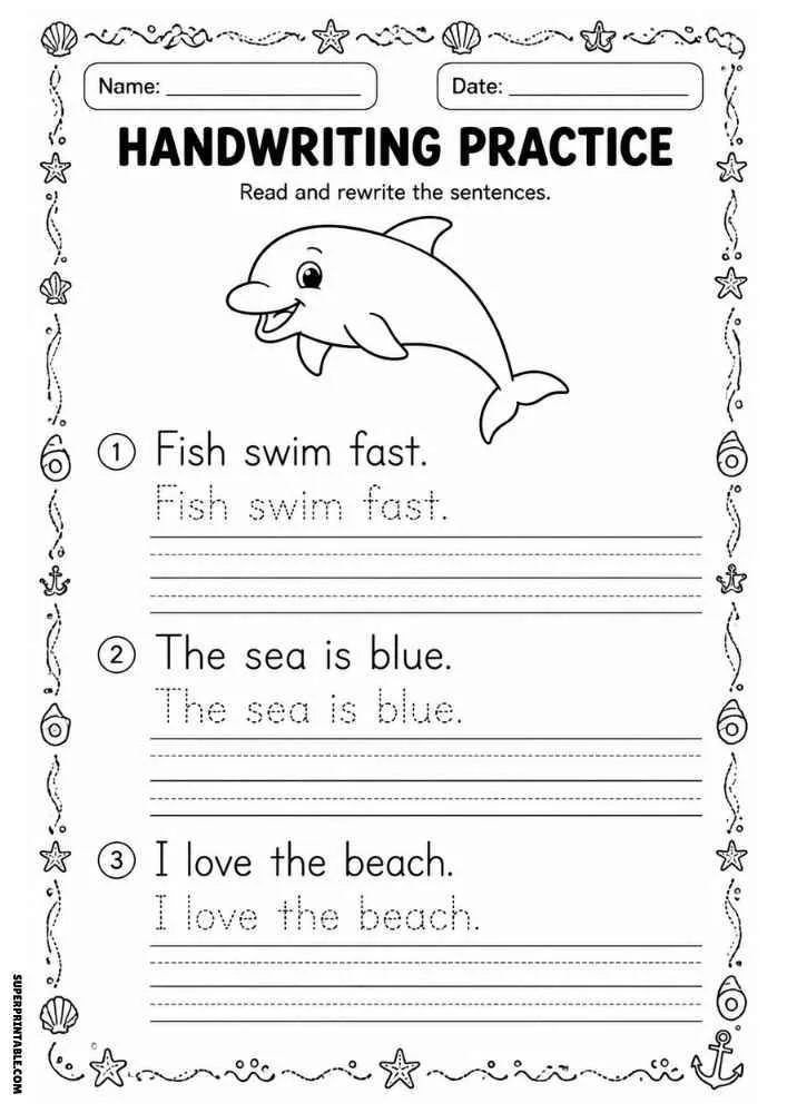 Handwriting worksheet with a dolphin, sea themed border, tracing sentences, and writing lines.