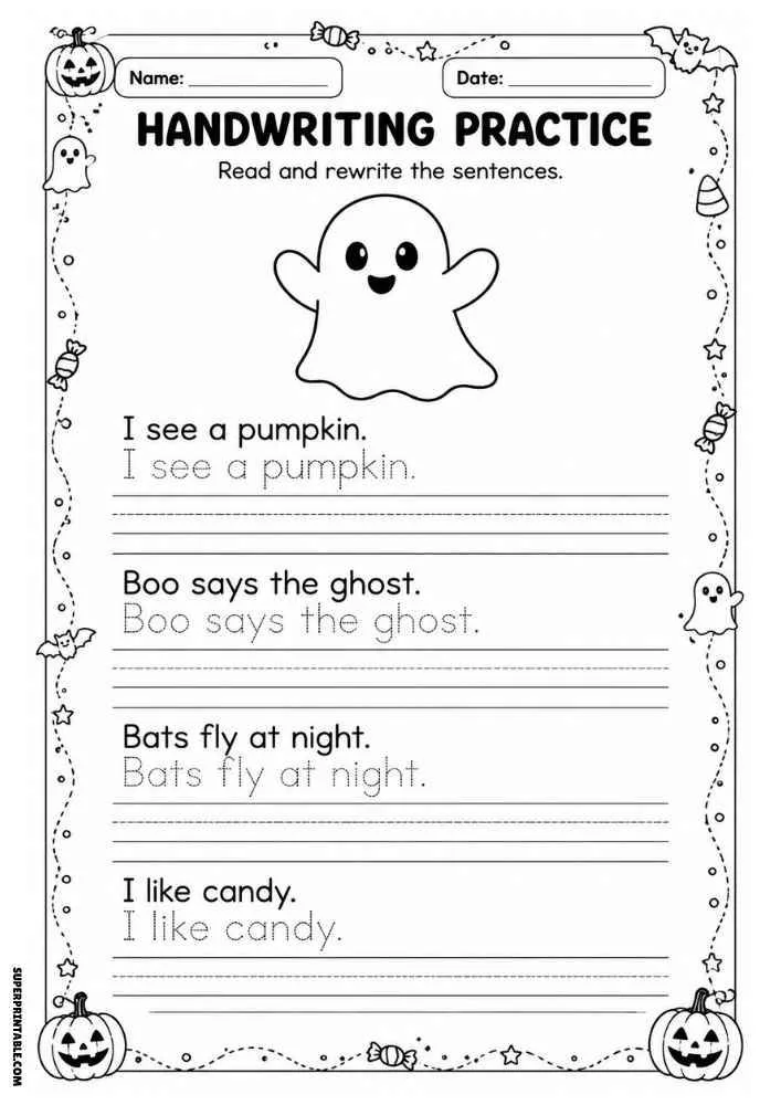 Handwriting worksheet with a smiling ghost, pumpkins, bats, tracing sentences, and writing lines.