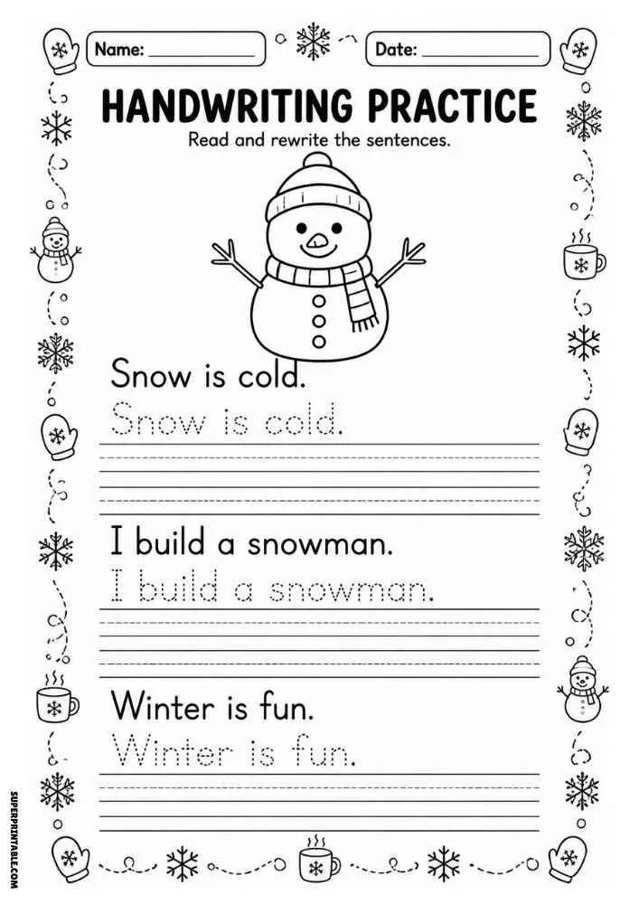 Handwriting worksheet with a snowman, snowflakes, tracing sentences, and writing lines.