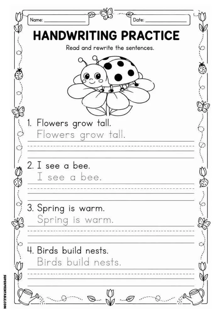Handwriting worksheet with a ladybug on a flower, spring border, tracing sentences, and writing lines.