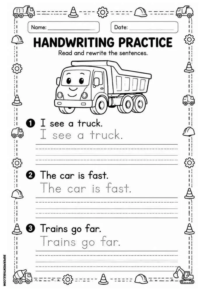 Handwriting worksheet with a dump truck, construction border, tracing sentences, and writing lines.