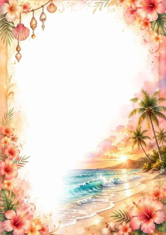 Tropical border with hibiscus flowers, seashells, palm trees, beach waves, and a sunset.