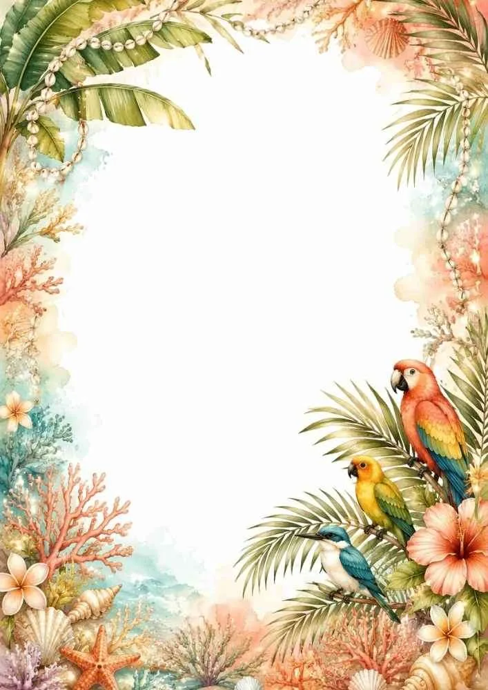 Tropical border with colorful parrots, coral, flowers, and tropical leaves.