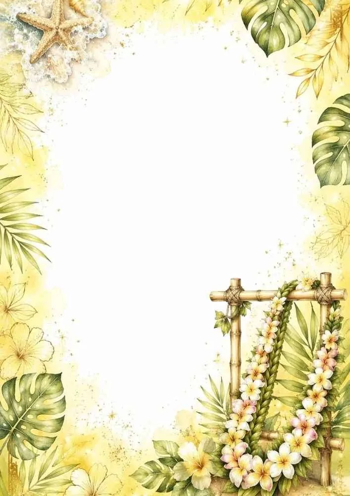 Tropical border with a flower lei, bamboo stand, leaves, and flowers.