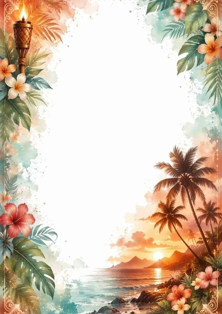 Tropical border with a sunset, tiki torch, palm trees, and flowers.