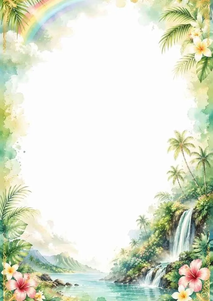 Tropical border with a rainbow, waterfall, flowers, and palm trees.