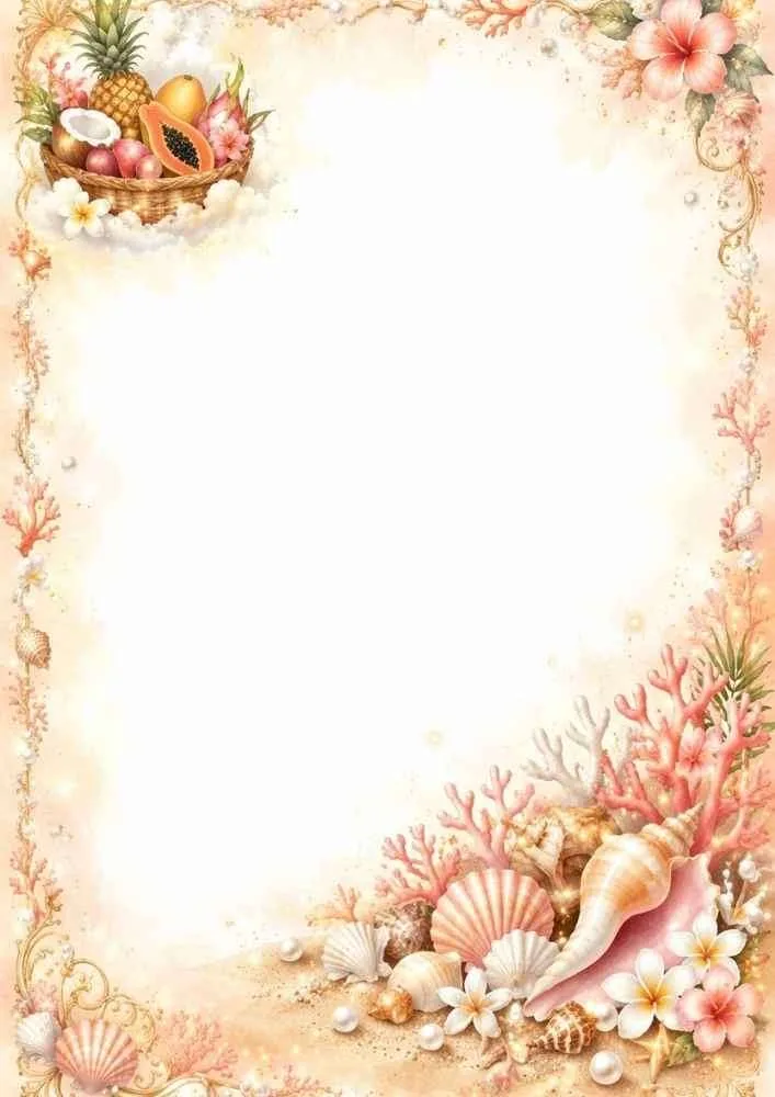 Tropical border with a fruit basket, seashells, coral, and flowers.