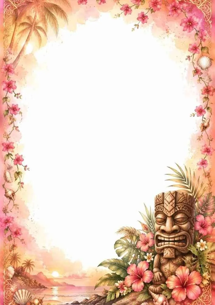 Tropical border with a tiki statue, flowers, palm trees, and a beach sunset.