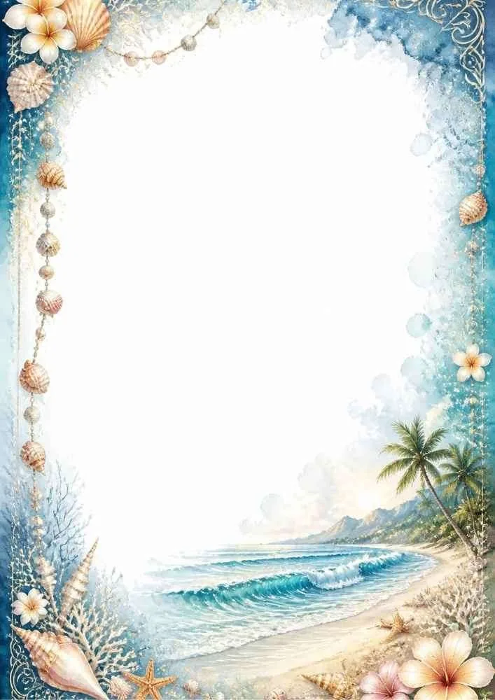 Tropical border with seashells, coral, flowers, and an ocean shoreline.
