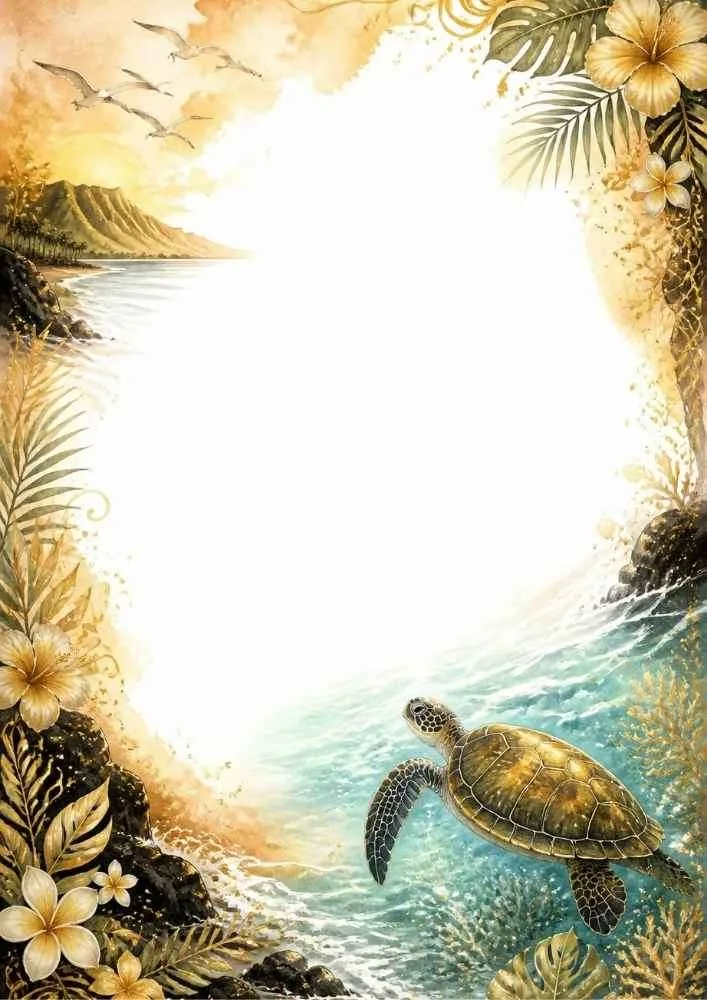 Tropical border with a sea turtle, ocean waves, tropical flowers, and leafy plants.