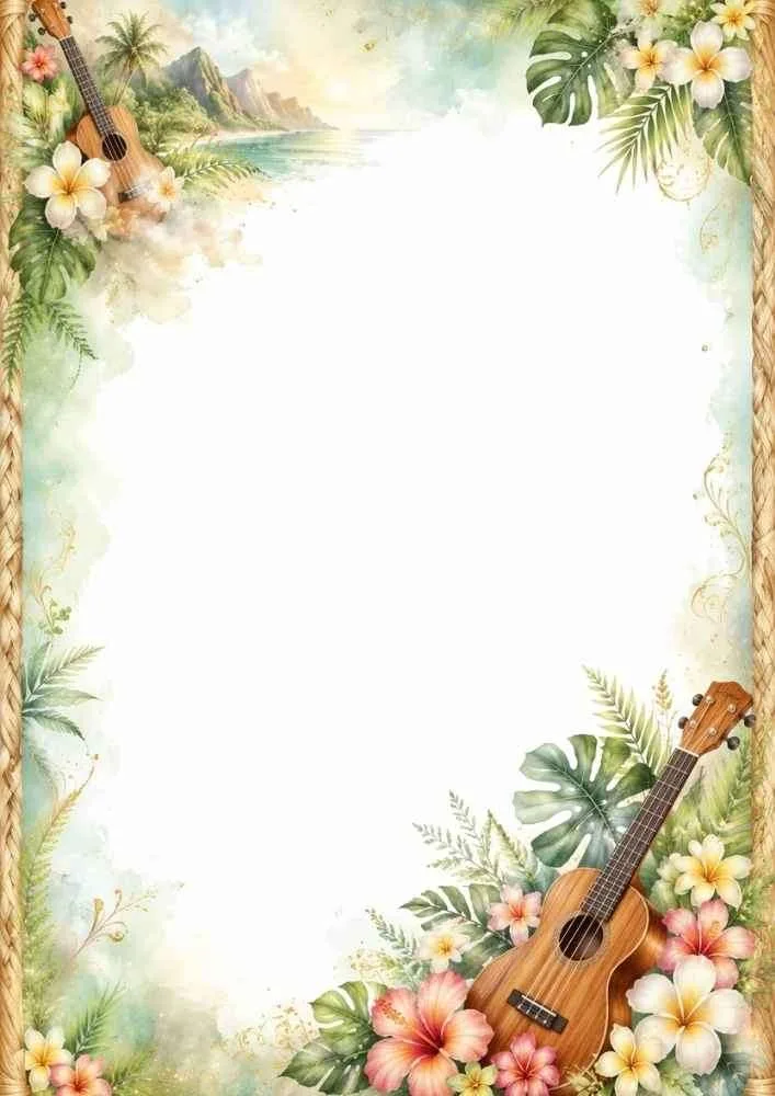 Tropical border with ukuleles, flowers, leaves, and a beach landscape.