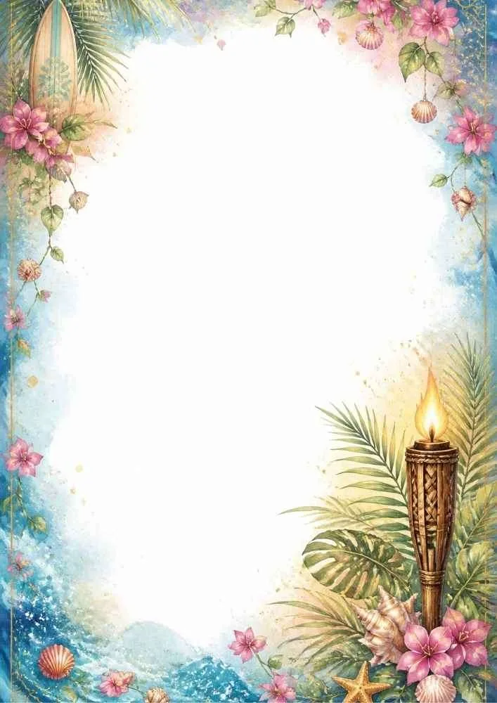 Tropical border with a tiki torch, flowers, seashells, and leafy plants.