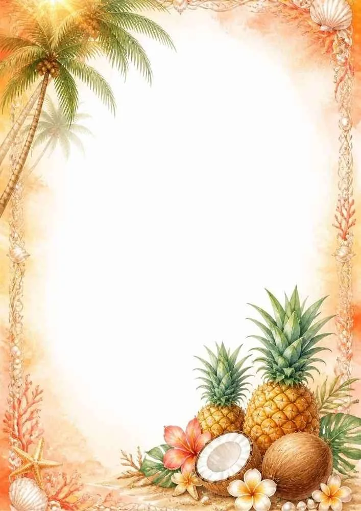 Tropical border with pineapples, coconut, flowers, seashells, and beach decorations.