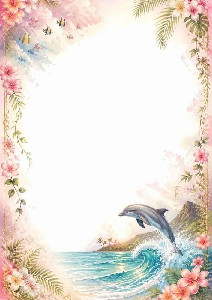 Tropical border with a dolphin, ocean waves, flowers, and palm leaves.