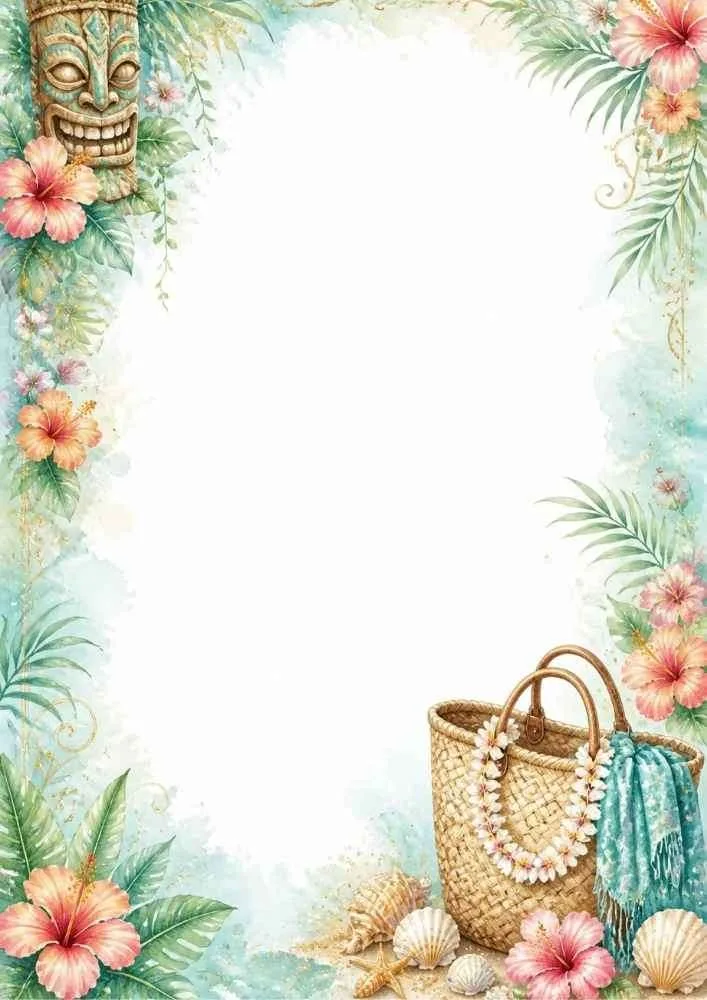 Tropical border with a beach bag, flower lei, seashells, and tropical flowers.