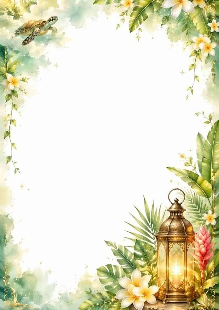 Tropical border with a lantern, sea turtle, flowers, and tropical leaves.
