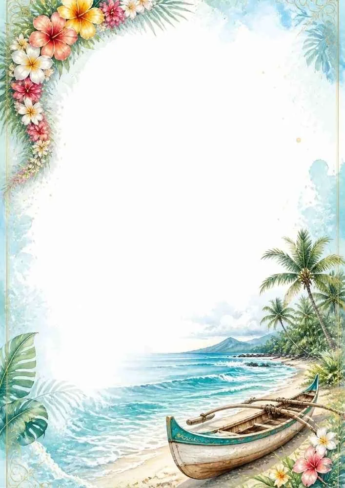 Tropical border with a canoe, beach, palm trees, flowers, and ocean waves.