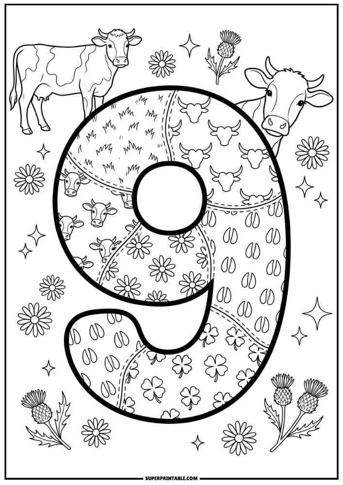 Number 9 with cows, cow faces, flowers, hoof prints, and clovers.