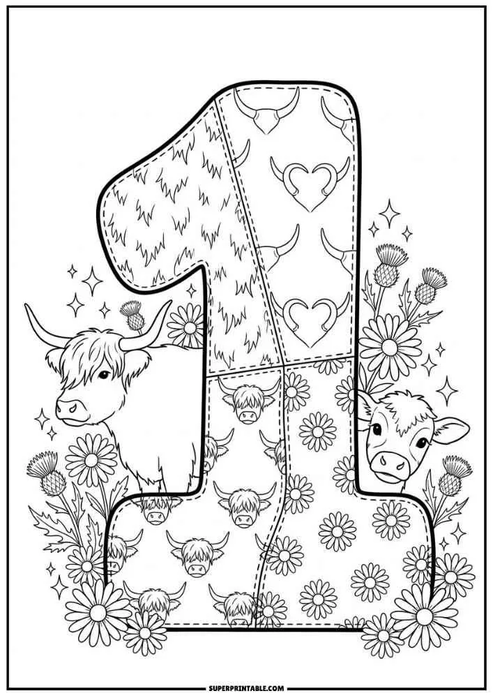 Number 1 with Highland cows, flowers, patchwork patterns, and sparkles.