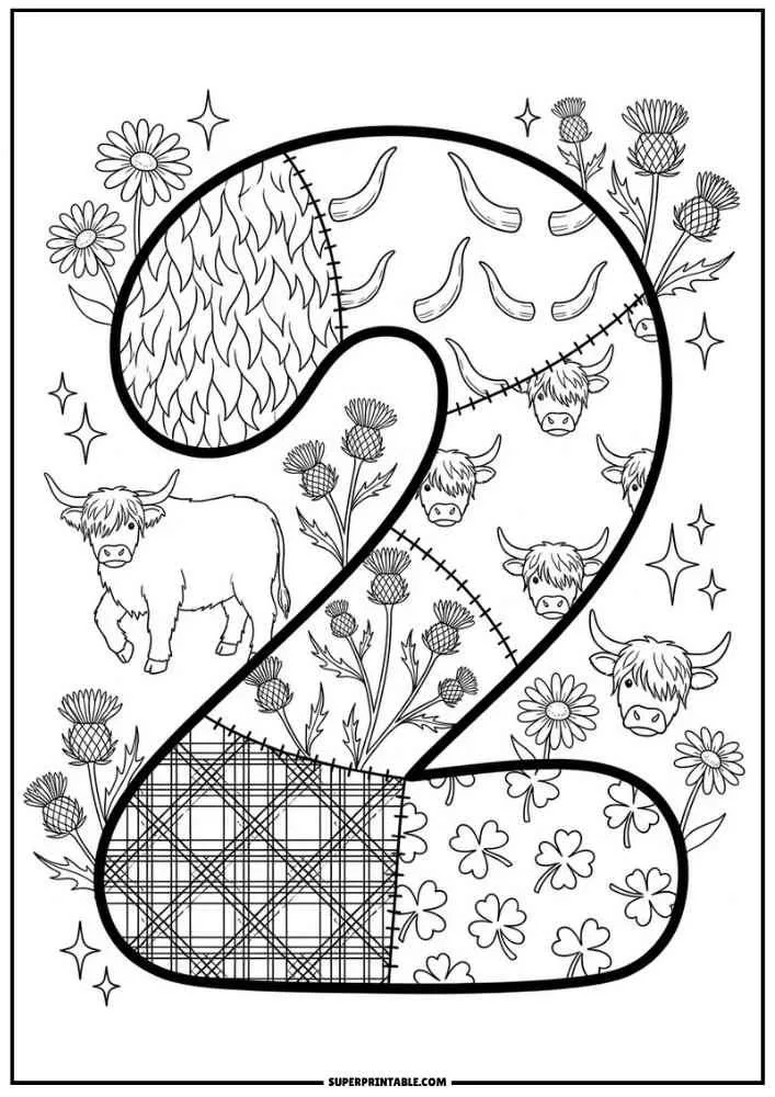 Number 2 with Highland cow, cow faces, flowers, thistles, and plaid pattern.