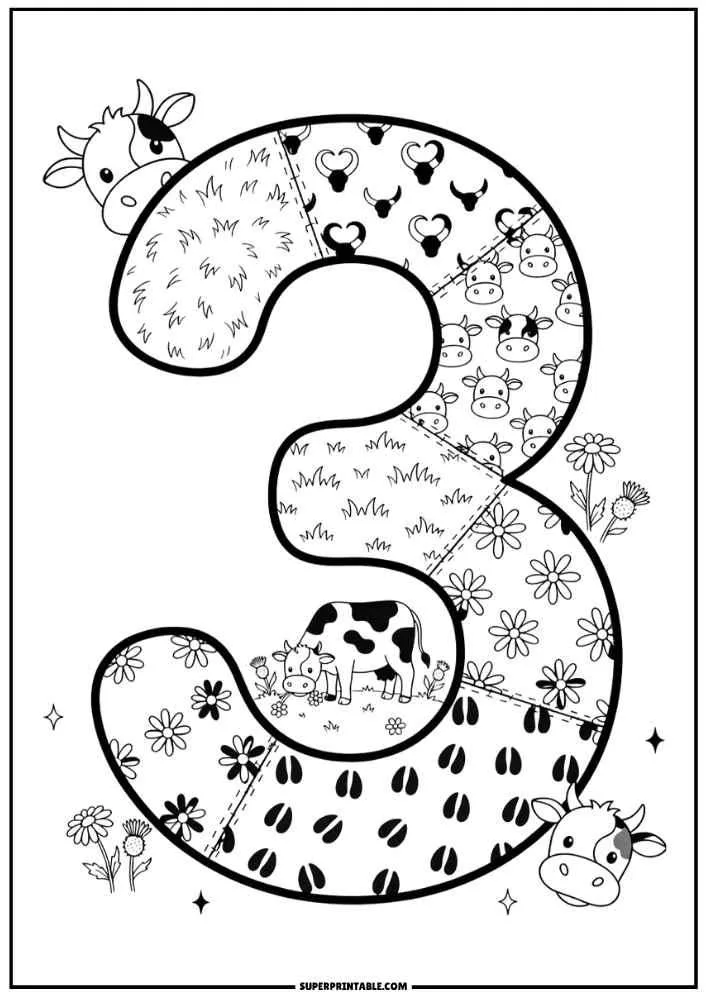 Number 3 with cow faces, hoof prints, flowers, and two cute cows.