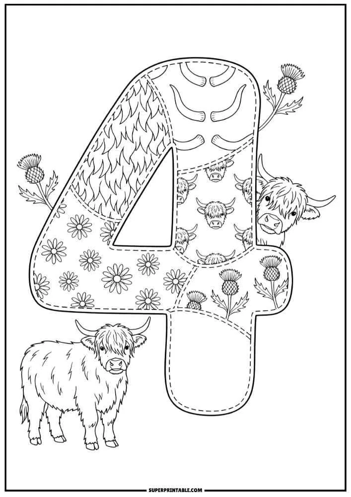 Number 4 with Highland cows, flowers, thistles, and patchwork designs.