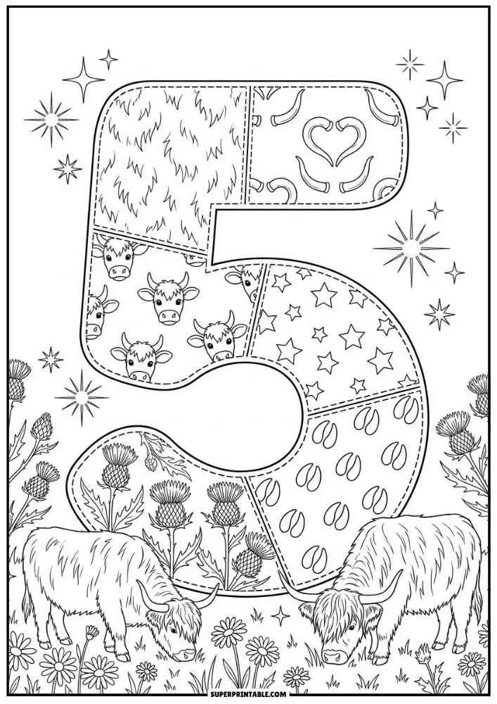 Number 5 with Highland cows, stars, hoof prints, flowers, and thistles.