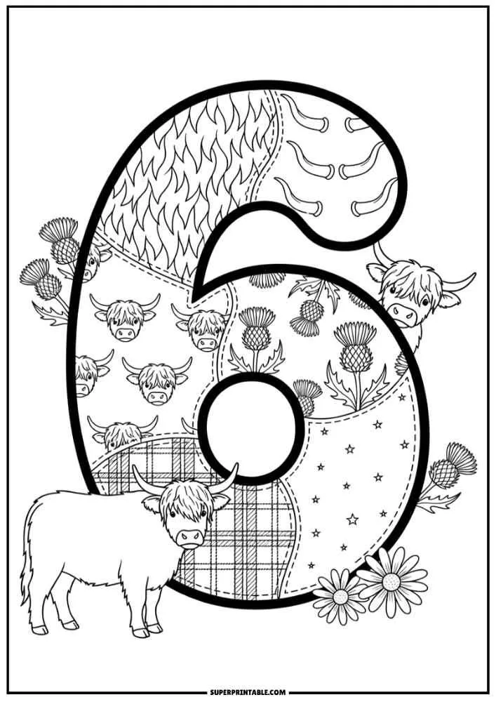Number 6 with Highland cows, thistles, plaid, stars, and cow faces.