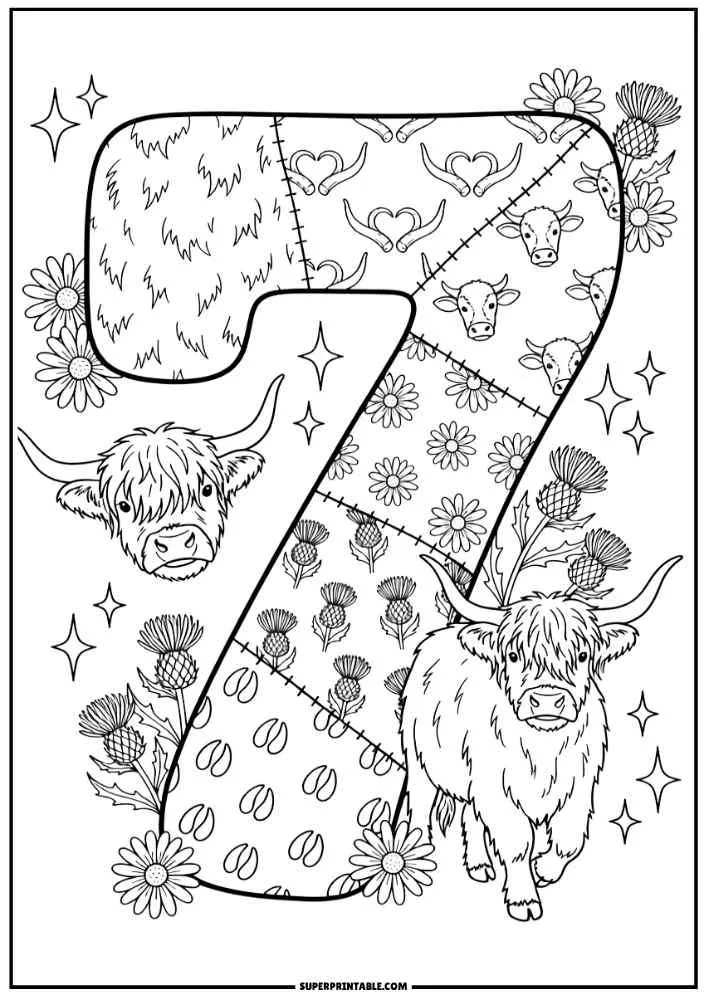 Number 7 with Highland cows, flowers, thistles, hoof prints, and cow faces.